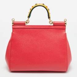 Pre Owned Dolce & Gabbana Coral Pink Leather Medium Studded Sicily Top Handle Bag