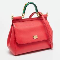 Pre Owned Dolce & Gabbana Coral Pink Leather Medium Studded Sicily Top Handle Bag