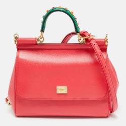 Pre Owned Dolce & Gabbana Coral Pink Leather Medium Studded Sicily Top Handle Bag