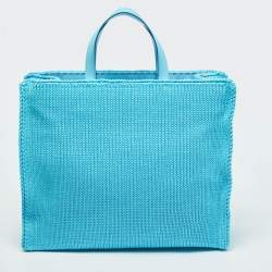 Pre Owned Dolce & Gabbana Light Blue Knitted Crochet DG Logo Tote