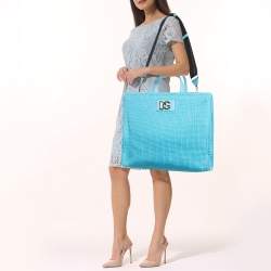 Pre Owned Dolce & Gabbana Light Blue Knitted Crochet DG Logo Tote