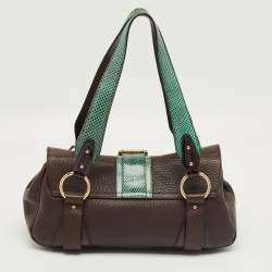 Pre Owned Dolce & Gabbana Brown/Green Leather and Ayers Buckle Flap Satchel