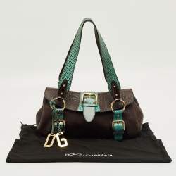 Pre Owned Dolce & Gabbana Brown/Green Leather and Ayers Buckle Flap Satchel
