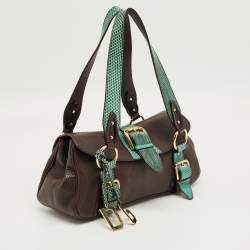 Pre Owned Dolce & Gabbana Brown/Green Leather and Ayers Buckle Flap Satchel