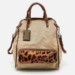 Pre Owned Dolce & Gabbana Beige/Brown Canvas and Leather Miss Pocket Tote
