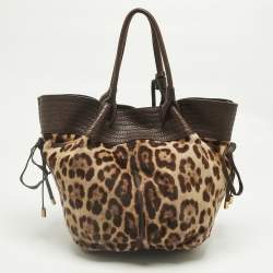 Pre Owned Dolce & Gabbana Brown Leopard Calfhair and Leather Drawstring Hobo