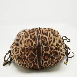 Pre Owned Dolce & Gabbana Brown Leopard Calfhair and Leather Drawstring Hobo