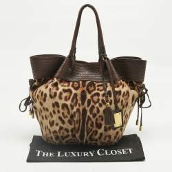 Pre Owned Dolce & Gabbana Brown Leopard Calfhair and Leather Drawstring Hobo