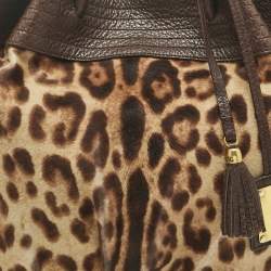 Pre Owned Dolce & Gabbana Brown Leopard Calfhair and Leather Drawstring Hobo