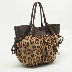Pre Owned Dolce & Gabbana Brown Leopard Calfhair and Leather Drawstring Hobo
