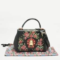Pre Owned Dolce & Gabbana Black Leather Floral Lucia Top Handle Bag