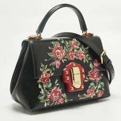 Pre Owned Dolce & Gabbana Black Leather Floral Lucia Top Handle Bag