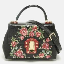Pre Owned Dolce & Gabbana Black Leather Floral Lucia Top Handle Bag
