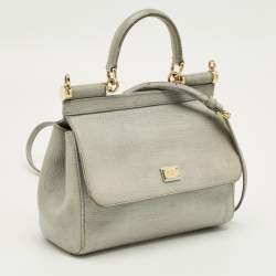 Pre Owned Dolce & Gabbana Grey Lizard Embossed Leather Small Miss Sicily Top Handle Bag