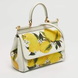 Pre Owned Dolce & Gabbana White Lime Print Leather Small Miss Sicily Top Handle Bag
