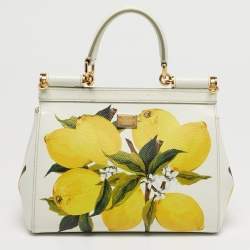Pre Owned Dolce & Gabbana White Lime Print Leather Small Miss Sicily Top Handle Bag