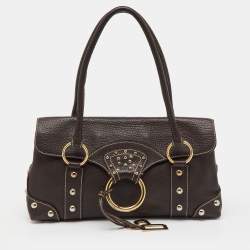 Pre Owned Dolce & Gabbana Dark Brown Leather Studded DG Flap Satchel