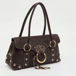 Pre Owned Dolce & Gabbana Dark Brown Leather Studded DG Flap Satchel