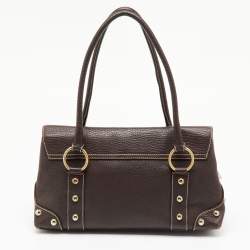 Pre Owned Dolce & Gabbana Dark Brown Leather Studded DG Flap Satchel