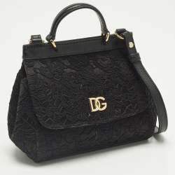 Pre Owned Dolce & Gabbana Miss Sicily Micro Black Lace and Leather Top Handle Bag