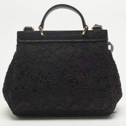 Pre Owned Dolce & Gabbana Miss Sicily Micro Black Lace and Leather Top Handle Bag