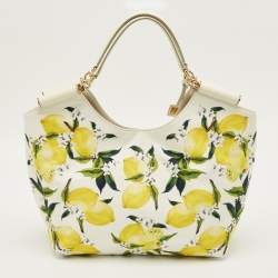 Pre Owned Dolce & Gabbana Yellow/White Lemon Print Canvas and Leather Tote