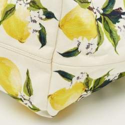 Pre Owned Dolce & Gabbana Yellow/White Lemon Print Canvas and Leather Tote