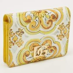 Pre Owned Dolce & Gabbana Yellow Majolica Print Patent and Leather Flap Card Case