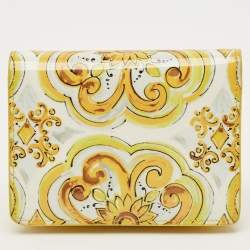 Pre Owned Dolce & Gabbana Yellow Majolica Print Patent and Leather Flap Card Case