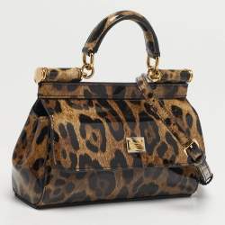 Pre Owned Dolce & Gabbana Miss Sicily x Kim Small Brown Leopard Print Patent Leather Top Handle Bag