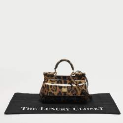 Pre Owned Dolce & Gabbana Miss Sicily x Kim Small Brown Leopard Print Patent Leather Top Handle Bag