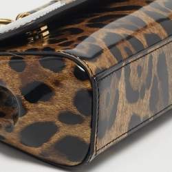 Pre Owned Dolce & Gabbana Miss Sicily x Kim Small Brown Leopard Print Patent Leather Top Handle Bag