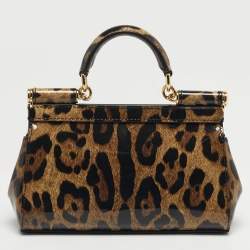 Pre Owned Dolce & Gabbana Miss Sicily x Kim Small Brown Leopard Print Patent Leather Top Handle Bag