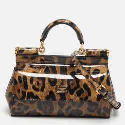 Pre Owned Dolce & Gabbana Miss Sicily x Kim Small Brown Leopard Print Patent Leather Top Handle Bag