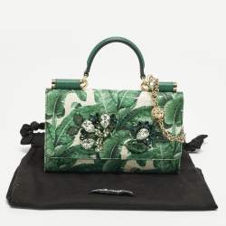 مملوكة مسبقًا Dolce & Gabbana Miss Sicily Von Crystal Green Leaf Print Fabric and Leather Wallet On Chain