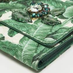 مملوكة مسبقًا Dolce & Gabbana Miss Sicily Von Crystal Green Leaf Print Fabric and Leather Wallet On Chain