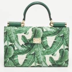 مملوكة مسبقًا Dolce & Gabbana Miss Sicily Von Crystal Green Leaf Print Fabric and Leather Wallet On Chain