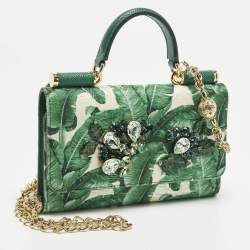 مملوكة مسبقًا Dolce & Gabbana Miss Sicily Von Crystal Green Leaf Print Fabric and Leather Wallet On Chain
