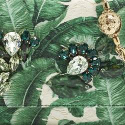 مملوكة مسبقًا Dolce & Gabbana Miss Sicily Von Crystal Green Leaf Print Fabric and Leather Wallet On Chain