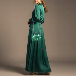 مملوكة مسبقًا Dolce & Gabbana Miss Sicily Von Crystal Green Leaf Print Fabric and Leather Wallet On Chain