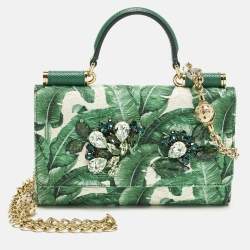 مملوكة مسبقًا Dolce & Gabbana Miss Sicily Von Crystal Green Leaf Print Fabric and Leather Wallet On Chain