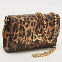 مملوكة مسبقًا حقيبة كلتش دولتشي أند غابانا شعار DG بني نقشة الفهد قماش مطلي سلسلة