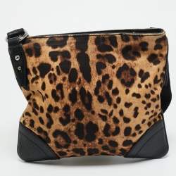 Pre Owned Dolce & Gabbana Animalier Brown Fabric and Leather Flat Messenger Bag