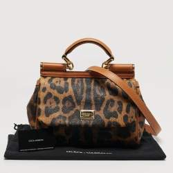 Pre Owned Dolce & Gabbana Miss Sicily Medium Tan Leopard Print Coated Canvas and Leather Top Handle Bag