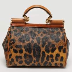 Pre Owned Dolce & Gabbana Miss Sicily Medium Tan Leopard Print Coated Canvas and Leather Top Handle Bag