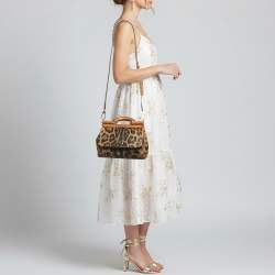 Pre Owned Dolce & Gabbana Miss Sicily Medium Tan Leopard Print Coated Canvas and Leather Top Handle Bag