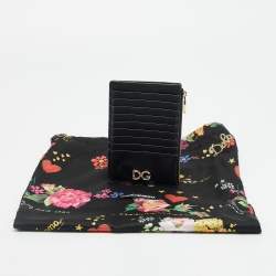Pre Owned Dolce & Gabbana DG Crystal Logo Black Leather Zip Card Holder