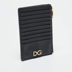 Pre Owned Dolce & Gabbana DG Crystal Logo Black Leather Zip Card Holder