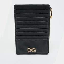 Pre Owned Dolce & Gabbana DG Crystal Logo Black Leather Zip Card Holder