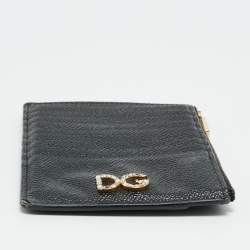 Pre Owned Dolce & Gabbana DG Crystal Logo Black Leather Zip Card Holder